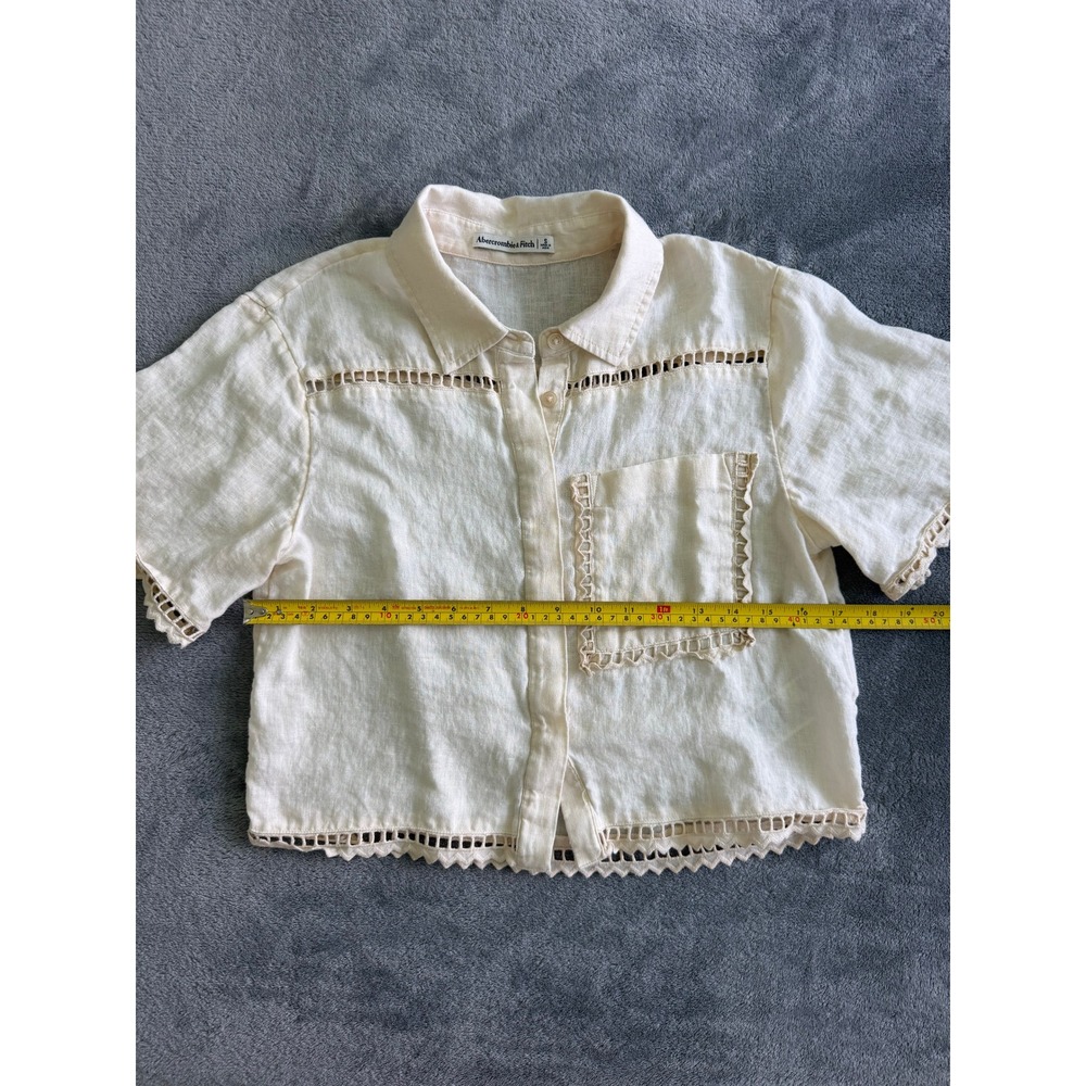 Abercrombie Linen Ivory Boxy Short-Sleeve Button-Down Lace Trim Coastal Summer S - Picture 5 of 8